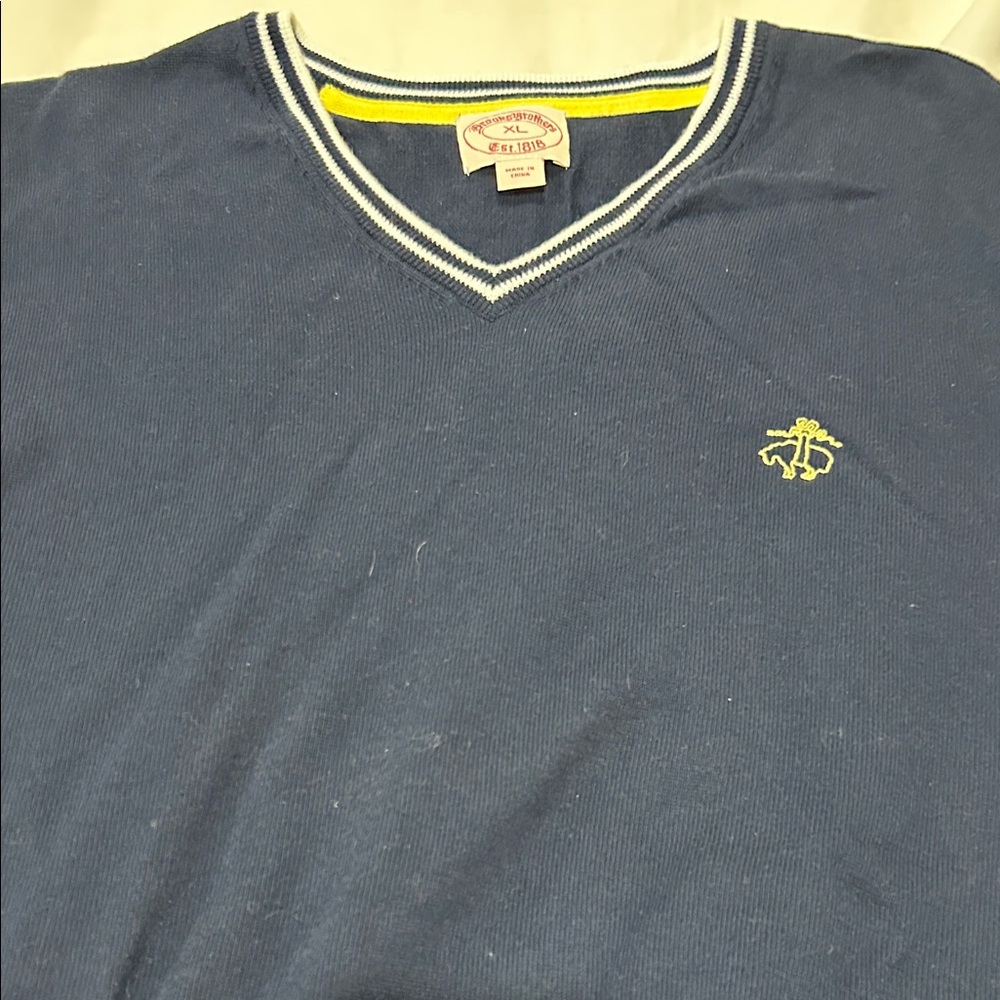 Brooks Brothers Navy V-Neck Sweater with Yellow Accents